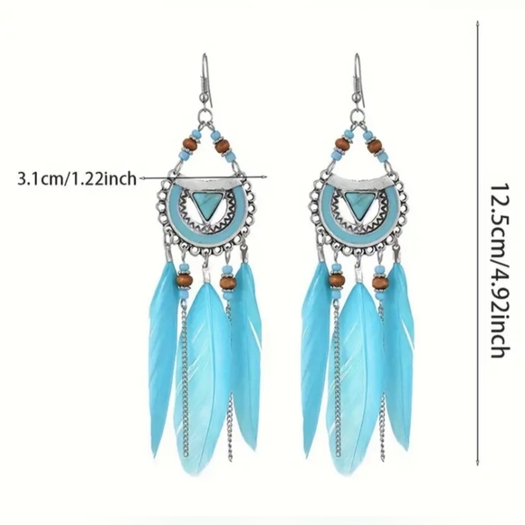 2/30$ Or 3/$35 Western Boho Silver Butterly Blue Feather Earrings Preppy (#046) - Picture 3 of 4